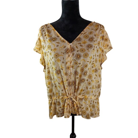 CECE Women's Top Blouse XL Yellow Brown Floral Polyester Spandex Fall - Picture 1 of 4